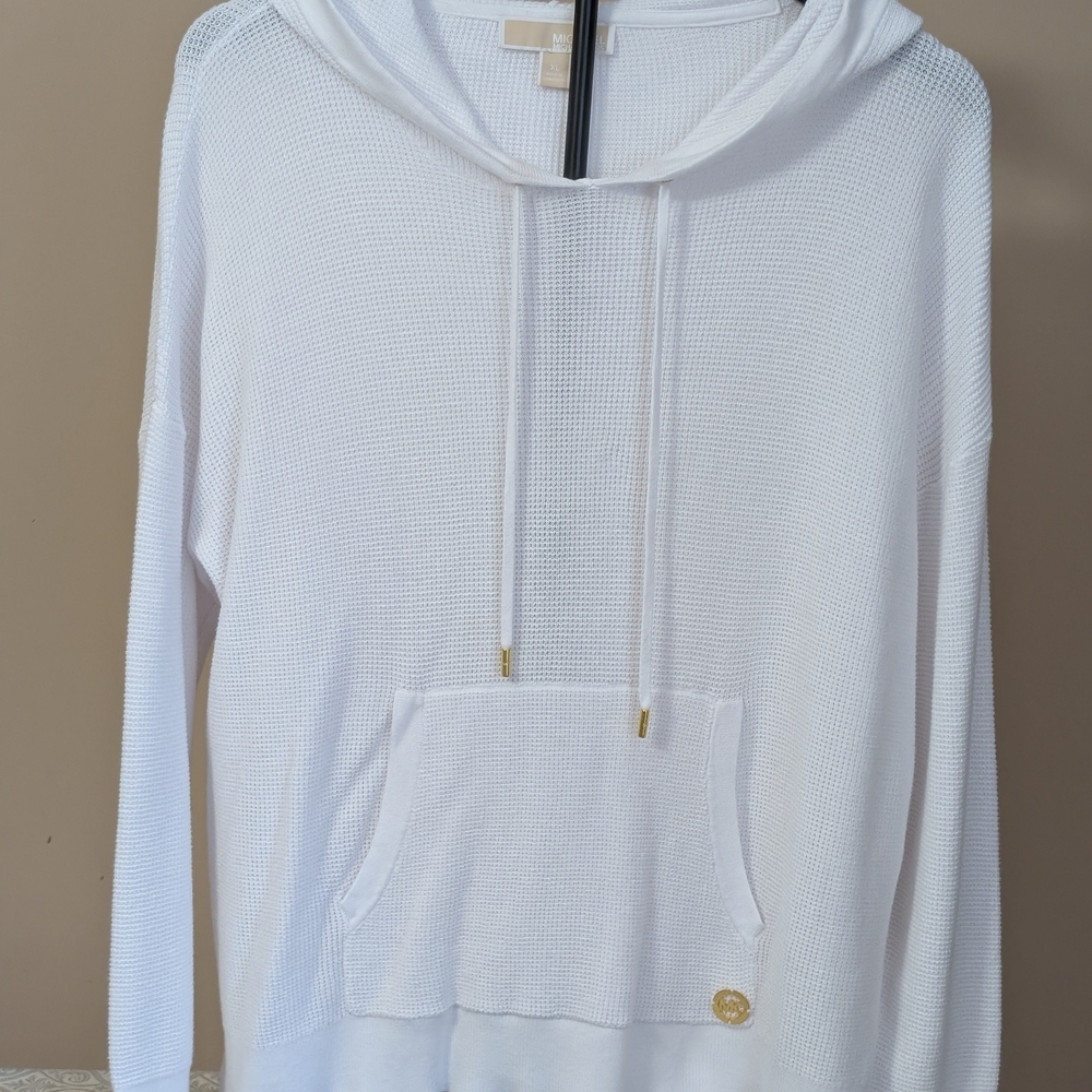 Michael Kors White Waffle Knit Hooded Women's Sweater Size XL